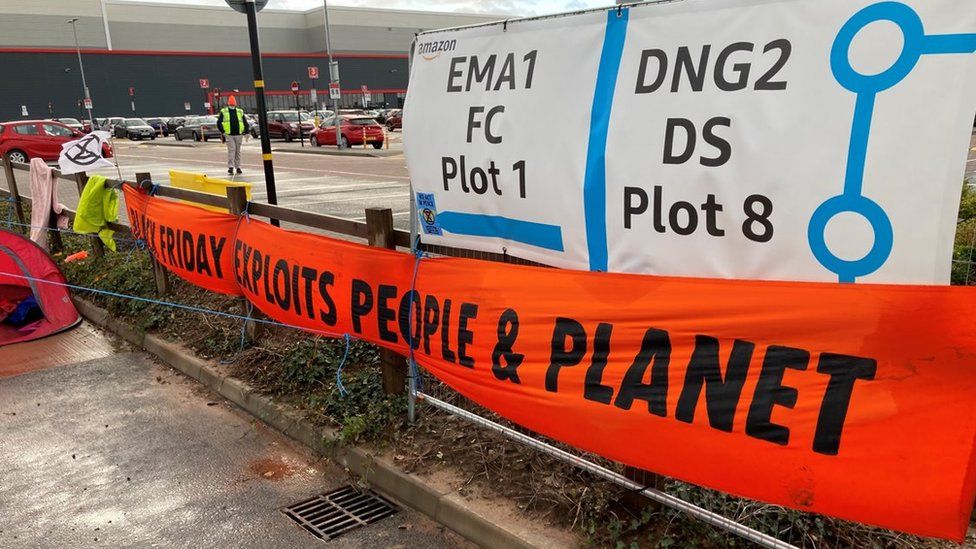 Protest at Amazon's fulfilment centre at Castle Donington, near East Midlands Airport