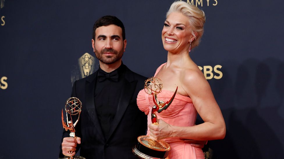 Brett Goldstein and Hannah Waddingham with their Emmy awards